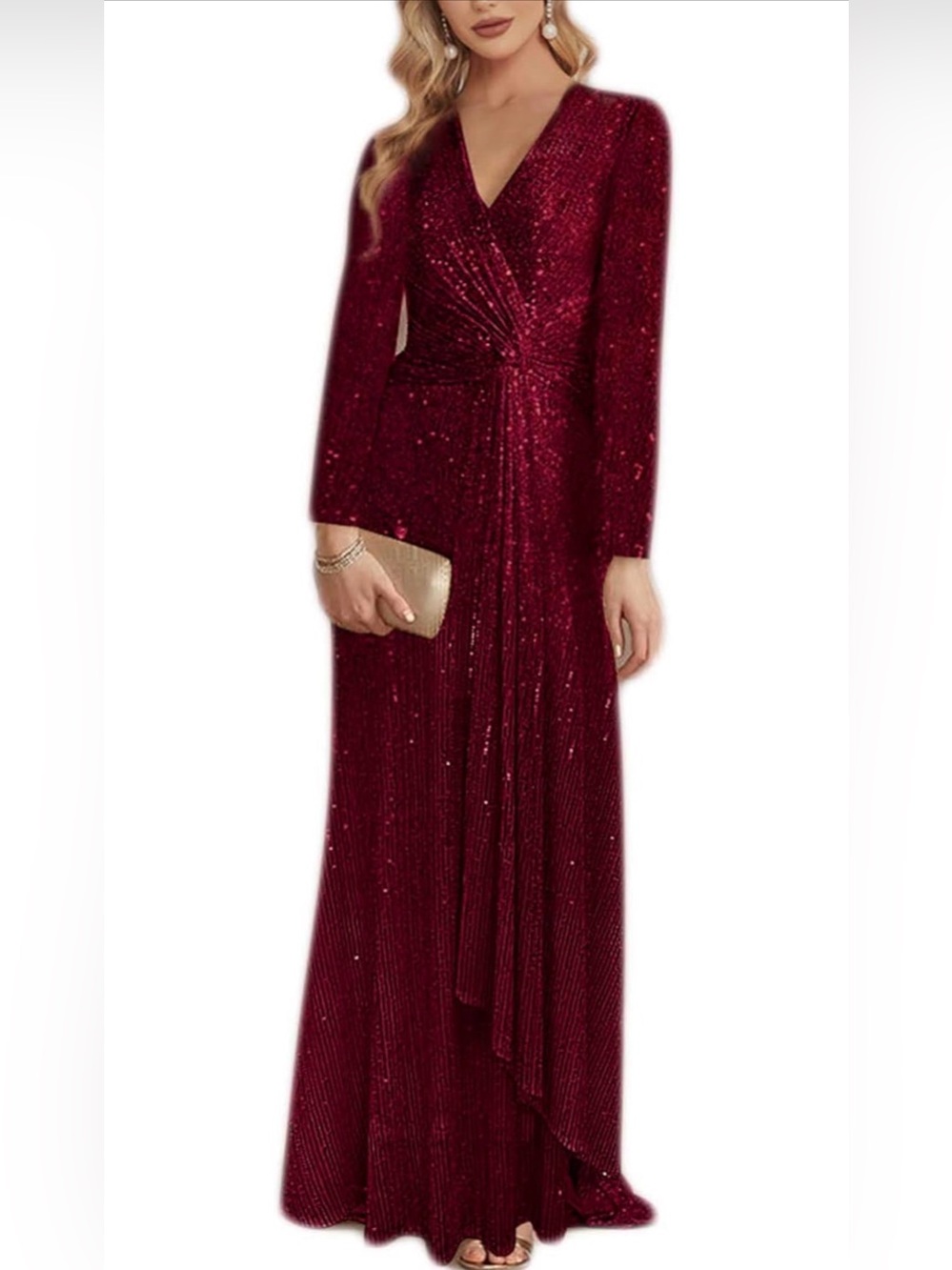 Long Sleeve Sequin Dress for Women Sparkly V Neck Maxi Dress